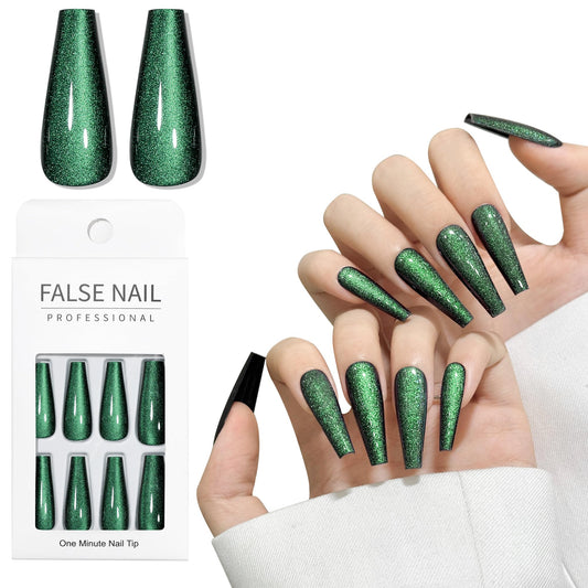 Dark Green Cat Eyes Press On Nails,12 Sizes - 24 Pcs Soft Gel Green Long Coffin Fake Nails Kit with Nail Glue, Natural Reusable Stick On False Nails for Women and Girls SK1042