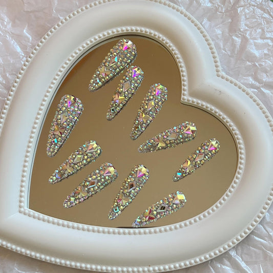 NAIL ANGEL 10PCS/SET Glamorous Handmade Press On Nails Full AB Rhinestones and Gems French Style Long Point Nails Party Nails XXL Artifical Tips ZJ21 (ZJ21, M)
