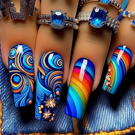 QQPPOLIU Long Square Press on Nails Colorful Fake Nails with Design False Nails Glue on Nails Stick on Nails for Women 24pcs
