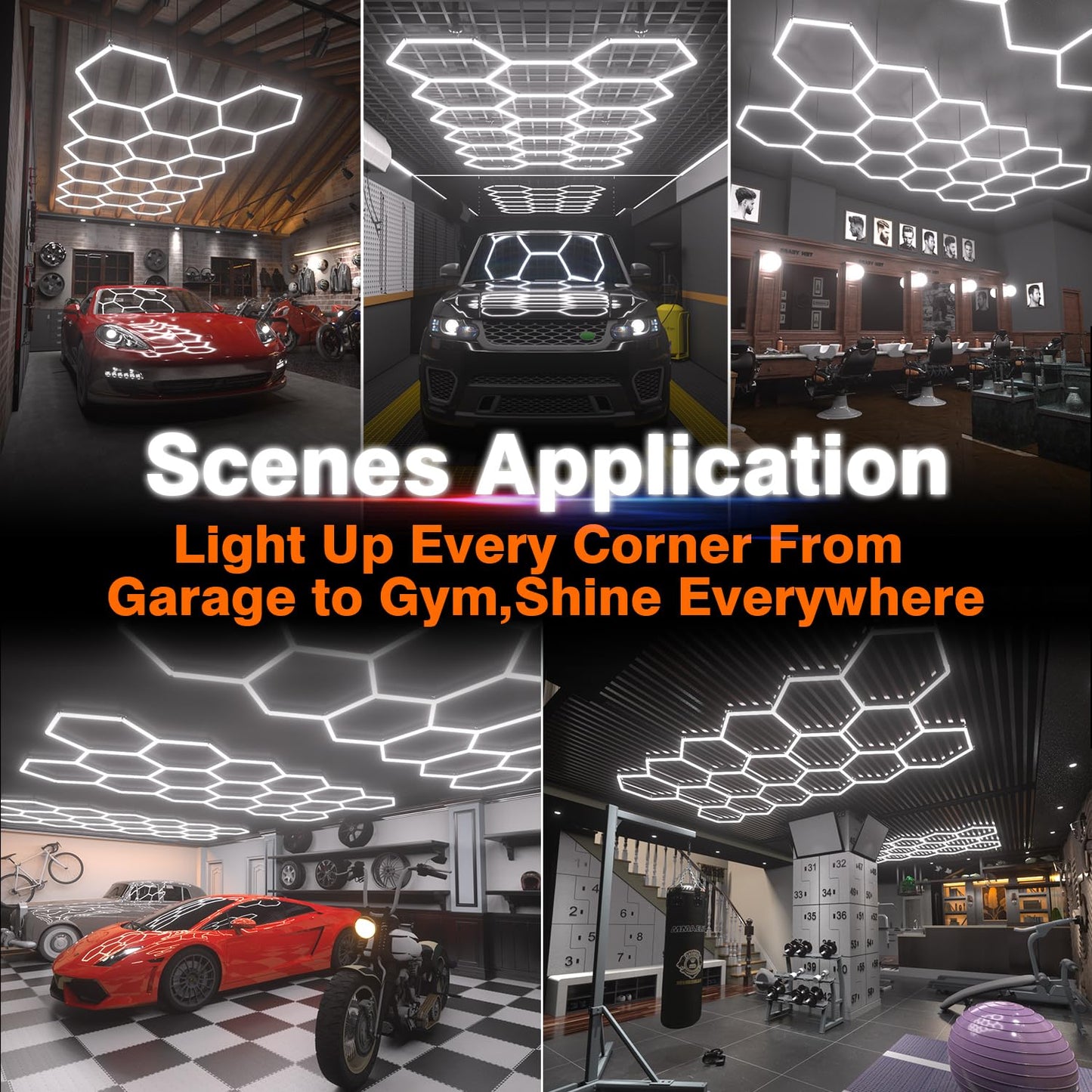 Litezone Hexagon Garage Lights : 3 Level Dimmable 476W Tube 17 Grids Hexagon LED Lights - Easy Install 6500K Super Bright Hex Lights for Warehouse, Car Detailing Shop, Exhibition Hall, Gym