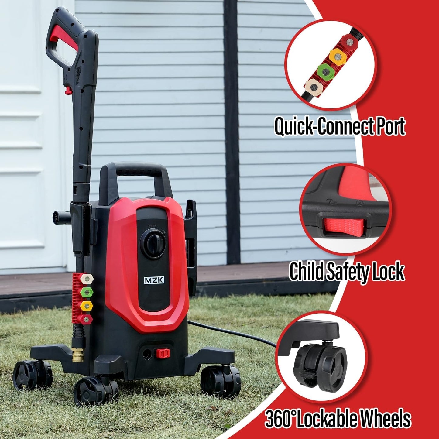 MZK Electric Pressure Washer,2600 Max PSI with Anti-Tipping Technology,4 Quick-Connect Nozzles,Foam Cannon for Easy Replacement,High-Pressure Cleaning of Cars,Fences ET2501