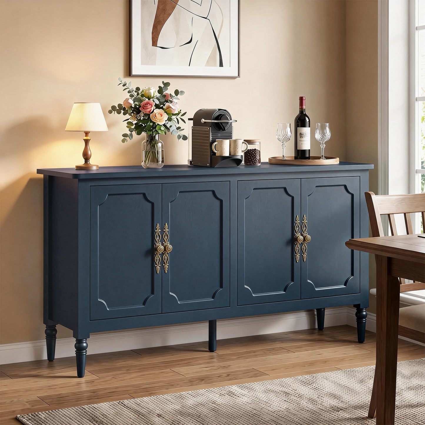 RoyalCraft 59" Buffet Cabinet with Storage, Vintage Sideboard with Adjustable Shelves & Carved Handle, Mid Century Modern Painted Credenza Coffee Bar for Kitchen, Dining Room, Navy Blue