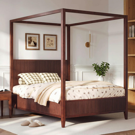 Merax Modern Luxury Queen Size Wooden Canopy Bed Frame with Headboard, Slats Support, Wood 4 Poster Bed Frame, No Box Spring Needed, Contemporary Bedroom Furniture, Espresso