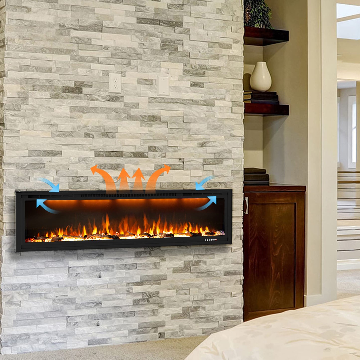 Dreamflame 86 inch Electric Fireplace, Smart Fireplace Insert recessed in Wall and Wall Mounted fire Place Heater with Metal Frame, Multicolor Flame & Realistic logs，Thermostat& Timer, 1500W, Black