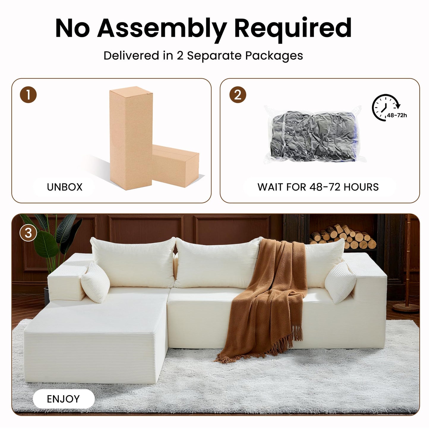 106" Cloud Sectional Boneless Couches for Living Room, Modular L Shaped Couch with Deep Seat Oversized Left Facing Chaise, Memory Foam Compressed Spineless 3 Seater Sofa for Bedroom Apartment, Beige