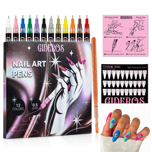 GIDEROS Nail Art Markers, 0.5mm Polish Pens & Easy Control 12 Colors 3D Nail Art Kit for DIY, Nail Art Brushes, Professionals & Beginners