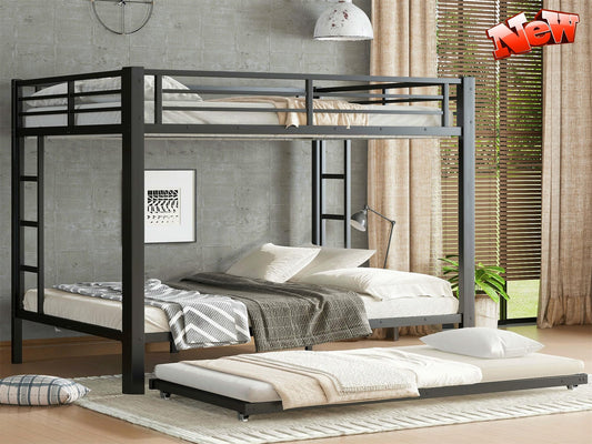 LEEKAF Stronger & Safer Heavy Duty Metal Queen Over Queen Size Bunk Bed for Adults Teens, Thickened More Stable Steel Bunkbed (Greater Weight Capacity) (Queen Over Queen with Trundle)