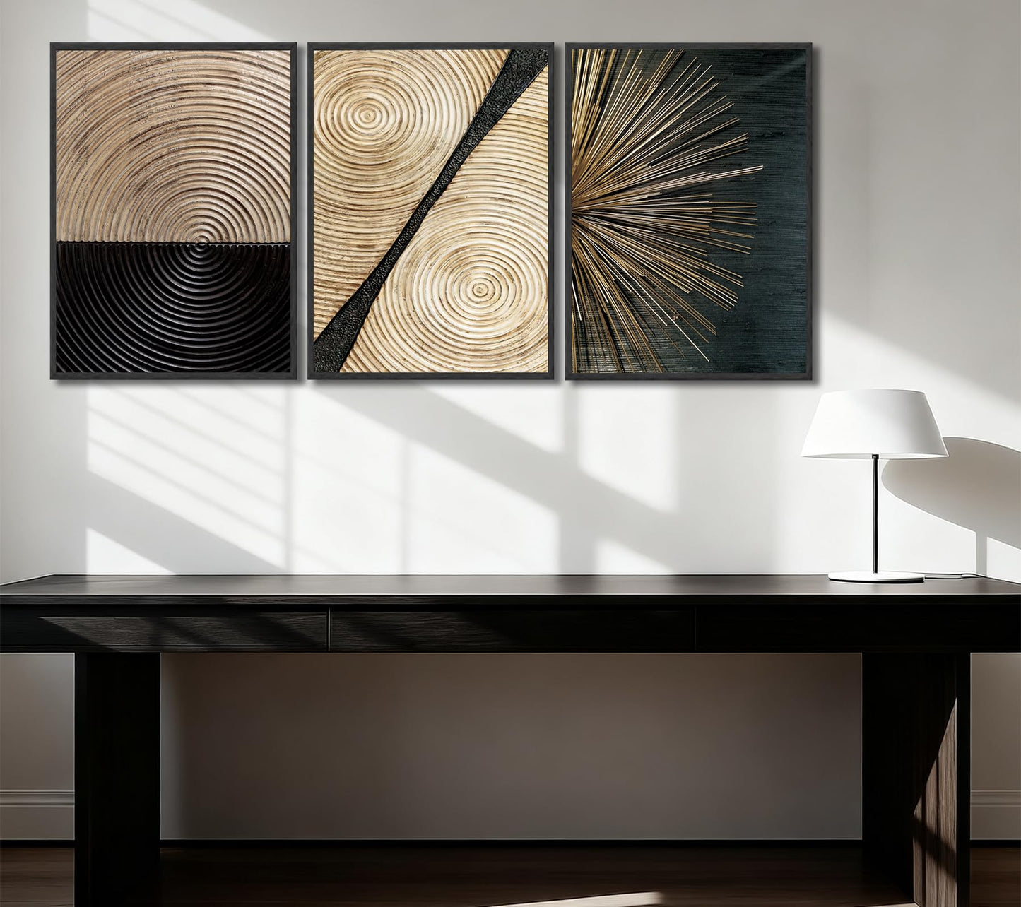 3Pcs Retro Wood Grain Canvas Wall Art Minimalist Black Gold Abstract Line Painting Pictures Wall Decor Neutral Geometric Beige Brown Poster Prints for Bedroom Office Decoration 12x16in Unframed
