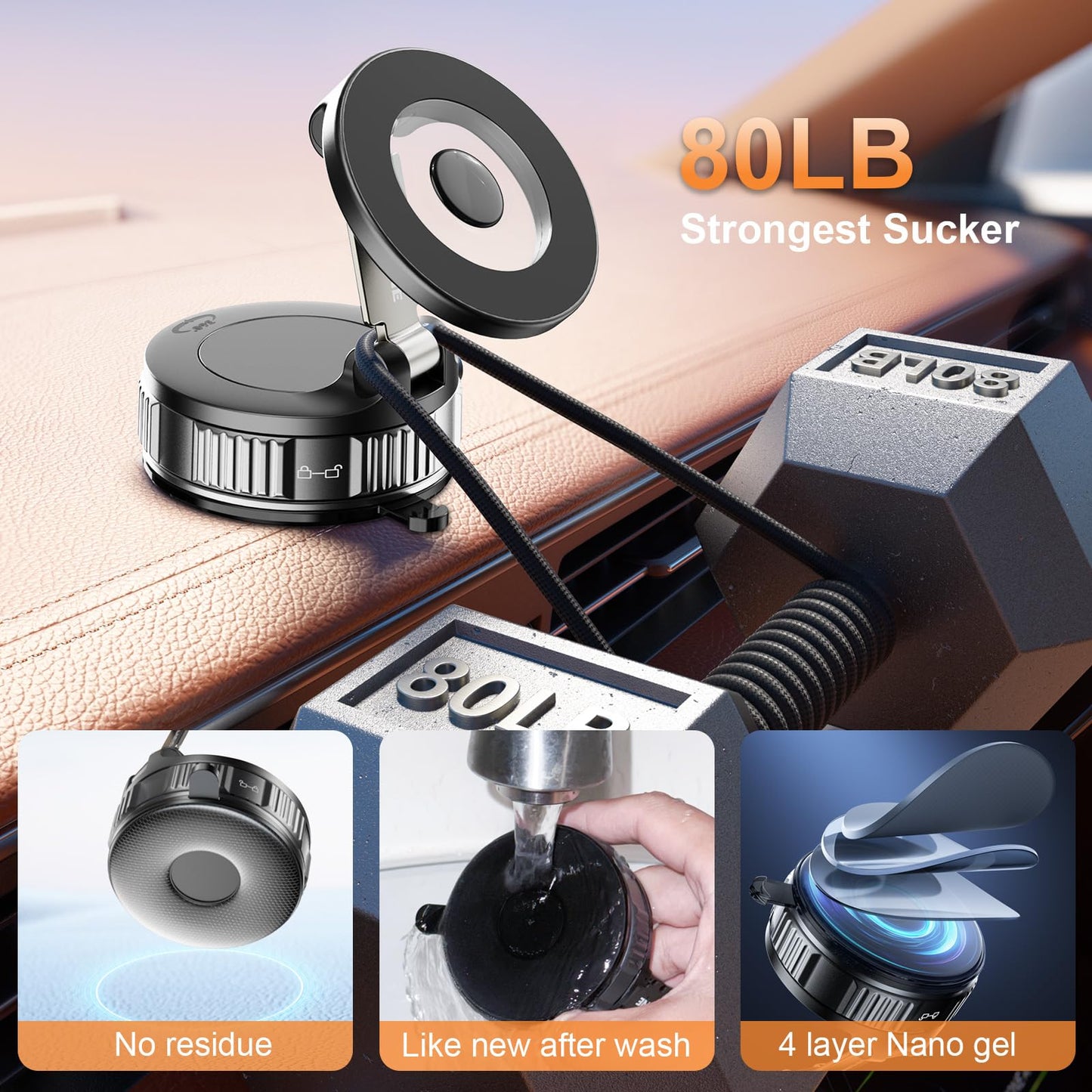 Magnetic Phone Holder for Car, 360° Adjustable Vacuum Car Phone Holder for Magsafe, 80+LBS Suction Phone Mount for Car Dash/Windshield/Screen, Phone Holders for Your Car for iPhone 17 16 15 14 13 12