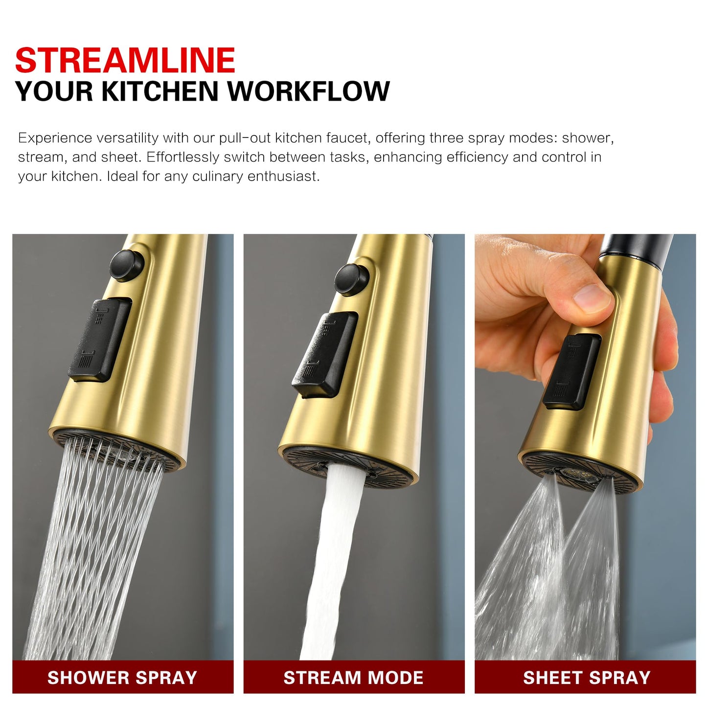 sumerain Hands-Free Touchless Kitchen Sink Faucet Single Handle Black and Gold Motion Sensor Pull Down Kitchen Faucet