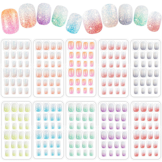 240 Pieces Fake Nails for Kids Girls Artificial Kids Press on Nails Full Cover Short Acrylic Stick On Nails False Nail Tips Kit for Children Little Girls Nail Art Decoration (Sparkle)