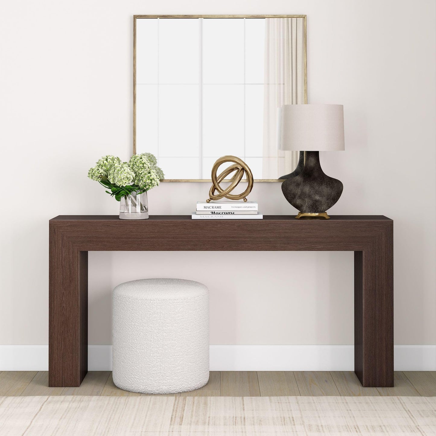 Plank+Beam Grand Console Table, 66 Inch Modern Solid Wood Sofa Table, Narrow Entryway Table for Hallway, Behind The Couch, Living Room, Foyer, Walnut Wirebrush