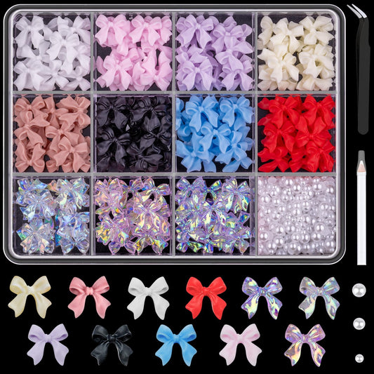 600 Pcs Bow Nail Charms and Flatback Pearls Set 2, 11 Colors Shiny Cute Bow Charms Nail Jewels and 2-4mm White Nail Pearls for Nail Art DIY Decoration with Pickup Tools