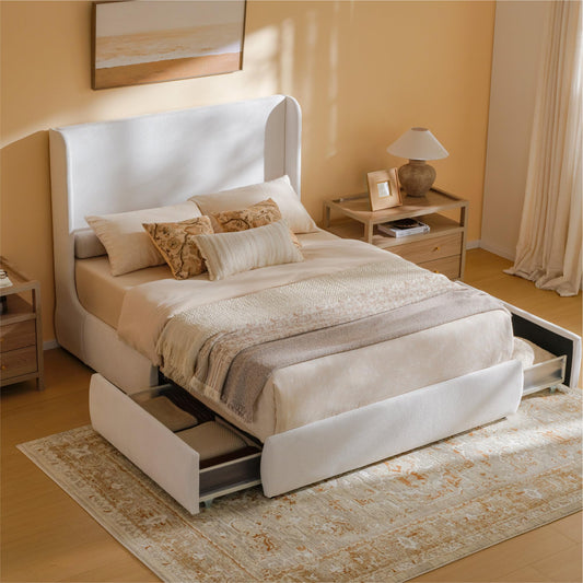 RECCI Queen Upholstered Wingback Bed Frame with Storage Drawers, 52” Tall Cushioned Headboard, Soft Edges, Low Profile Platform Bed, Sturdy Wood Slats, No Box Spring Needed, Ivory White Canvas