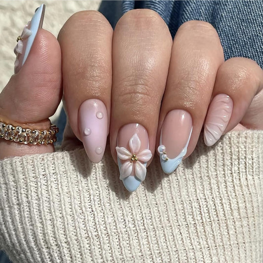 French Tip Press On Nails Almond Medium Fake Nails Press Ons Glossy With Flower Pearl Design Drip False Nails Full Cover Stick On Nails Artificial Glue On Nails For Women Nail Supplies