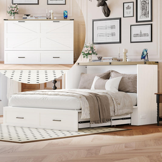 Merax Modern Farmhouse Solid Wood Murphy Cabinet Bed with Charging Station, Foldable Wall Platform Bed with Storage Drawer/No Box Spring Needed/Easy Assemble/Full, White