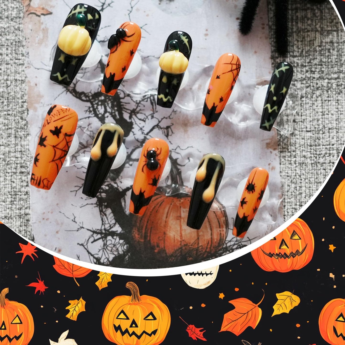 Tesytto Halloween Press on Nails Ballerina Shape Long Coffin - Black Base with Ant Web Bat Dripping Effect 3D Nail Art for Women & Girls (Pumpkin Bat Silhouette,S)