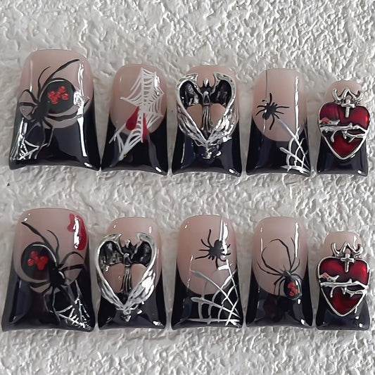 Halloween Luxury Press on Nails Short Duck Handmade 3D Unique Reusable ABS Material Fake Nails Black French False Nails with Designs Spider Web Bat Charms Glossy Glue on Nail Thick Acrylic Nail(S)