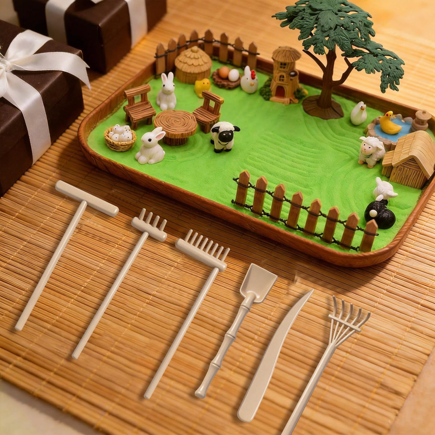 31 Pcs Zen Garden Kit for Desk,Sand Zen Garden Gifts Mini Sandbox Set with Wooden Tray & Rake,Japanese Gift Set for Relaxation, Office Desk Decor