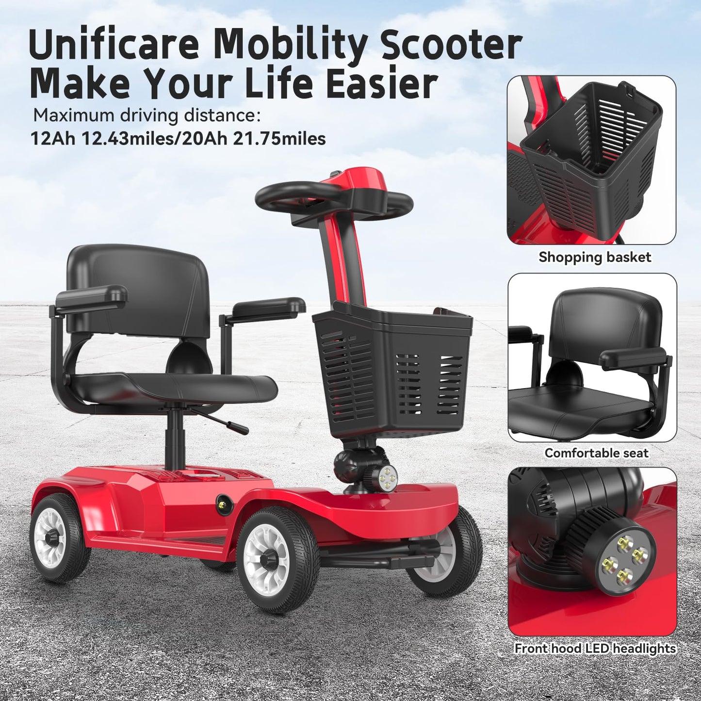 4 Wheel Mobility Scooter for Seniors & Adults，22 Miles Range，Foldable Powered Electric Wheelchair Device w/2 Lithium Batteries All Terrain Motorized Scooter Airline Approved (Red)