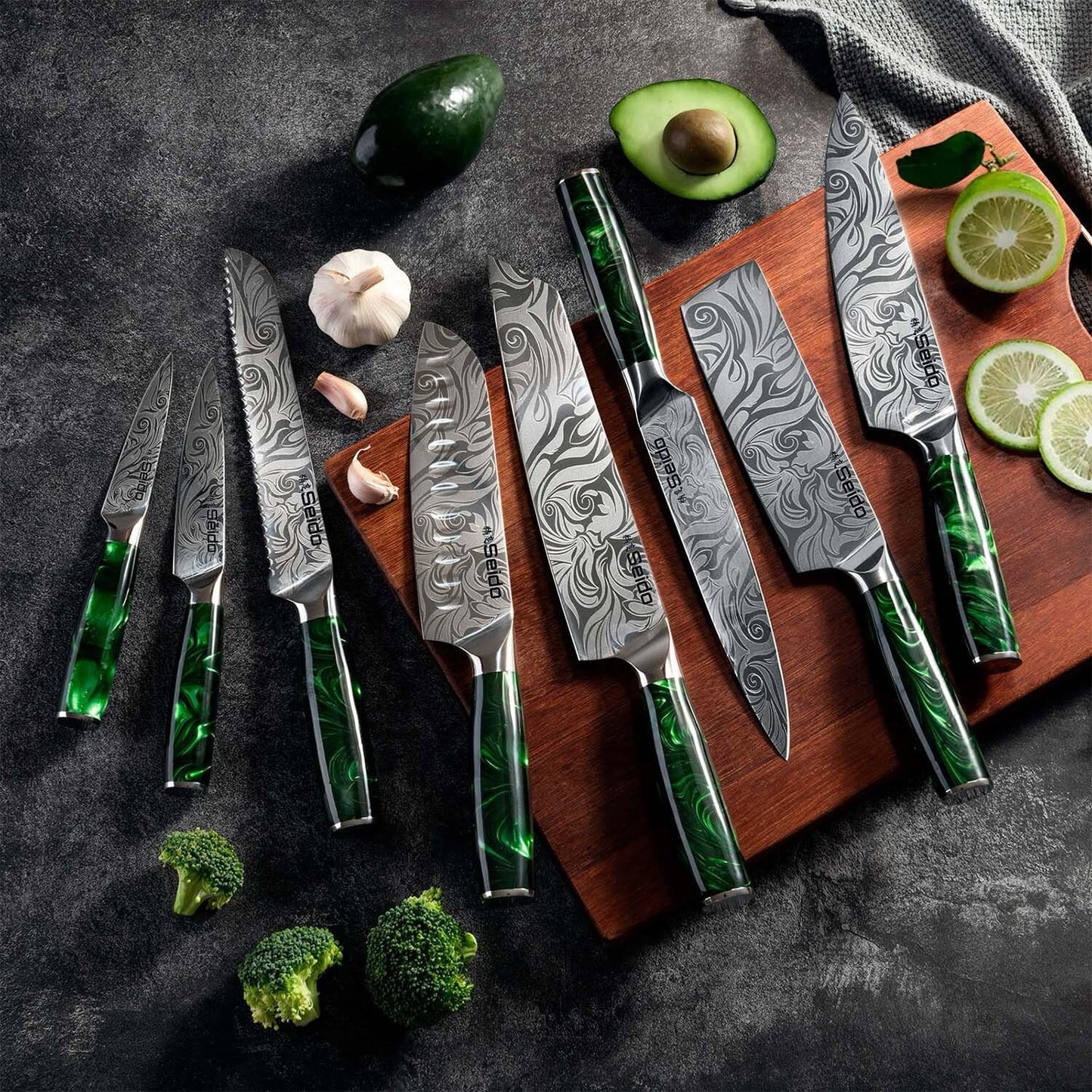 Seido Knives Tengoku Green 8-Piece Chef Knife Set – High-Carbon Stainless Steel Japanese Kitchen Knives, Professional Balanced Knife Set