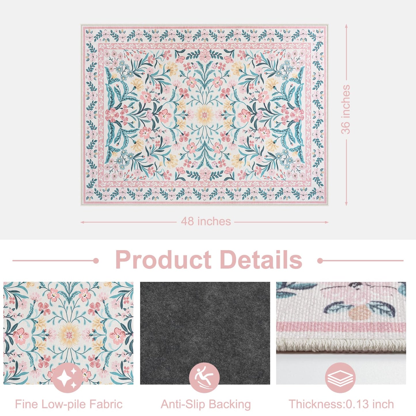 Anidaroel 36"x48" Office Chair Mat for Hardwood Floor, Boho Floral Floor Mat for Office Chair, Anti-Slip Desk Rug for Office, Low Pile Desk Chair Mats for Hardwood, Blush Pink Small Office Rug