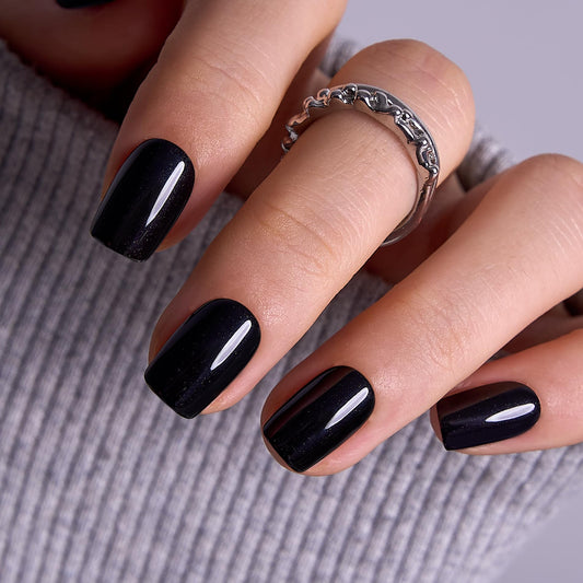 Curvlife Soft Gel Short Press on Nails Square Fake Nails with black Design Full Cover False Nails for Women Reusable Nail Kit with Nail Glue Adhesive Tabs