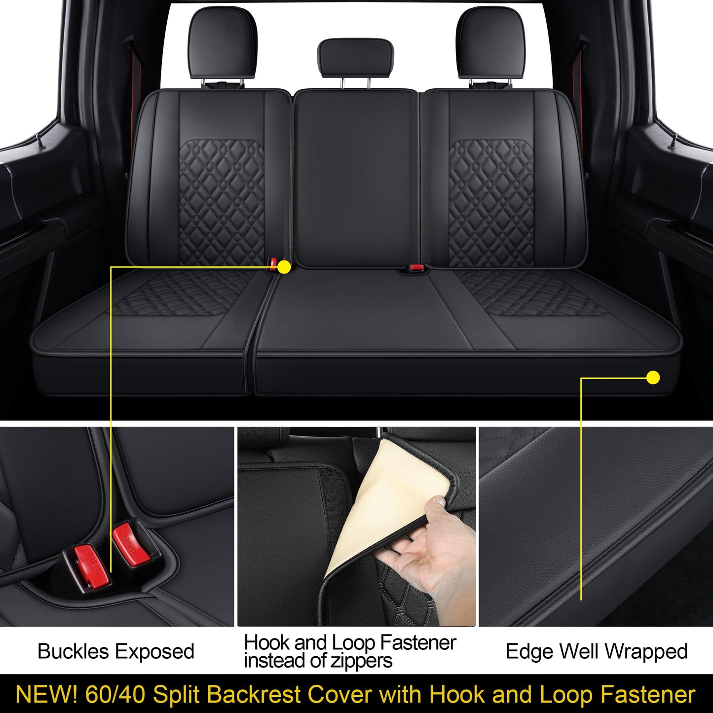 LUCKYMAN CLUB F150 Full-Set Seat Covers J03-Q3 with Waterproof Faux Leather, Fit 2015-2025 Ford F150 and 2017-2025 F250 F350 F450 (Full Set, Black)