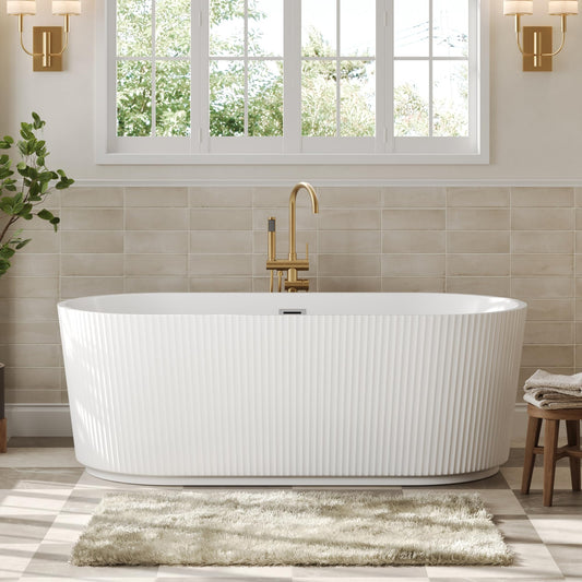 DeerValley 67" Acrylic Freestanding Bathtub, Easy Install Standalone Deep Soaking Tub with Fluted Design, Modern Ergonomic Shower Tub with Center Drain in White, DV-1T0583