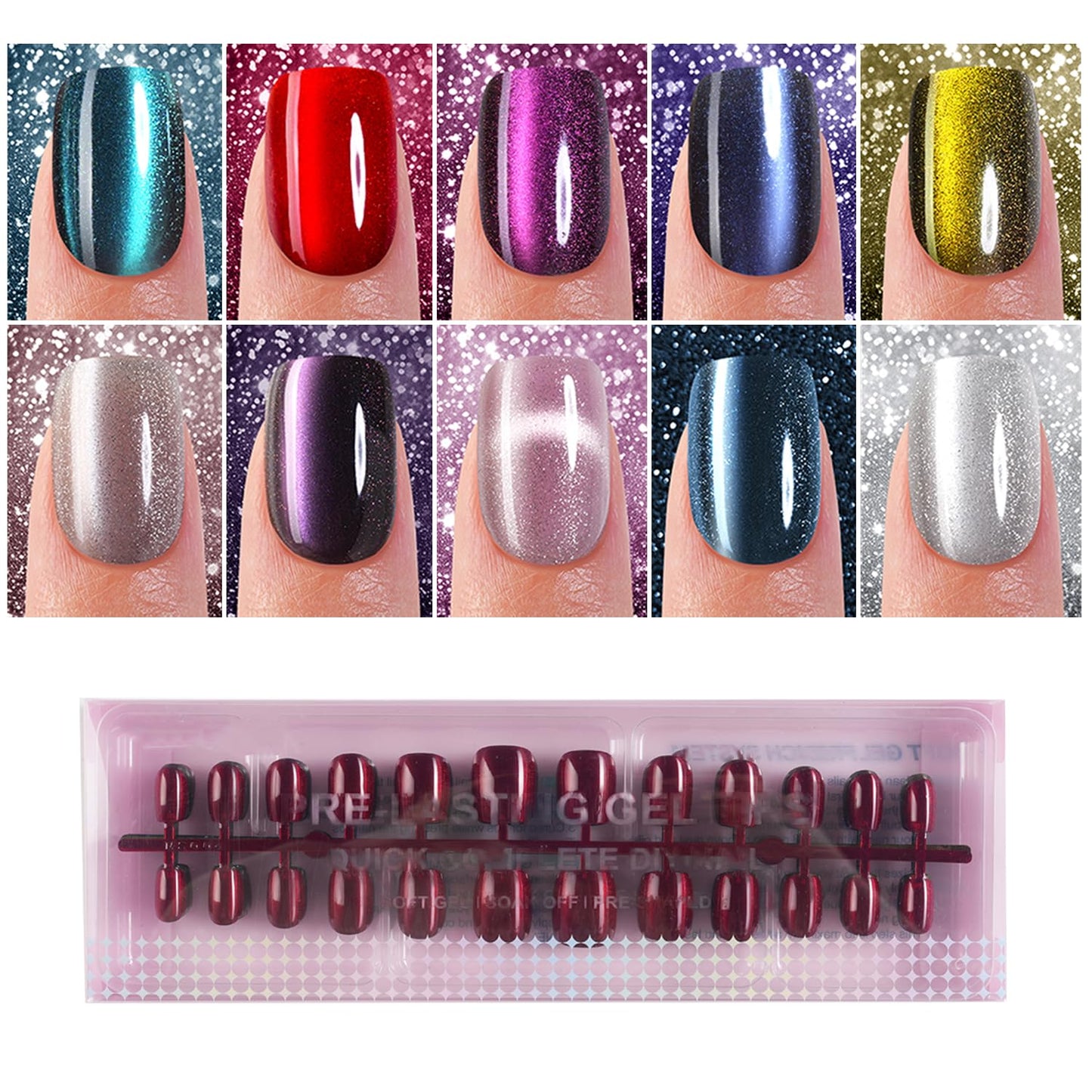 240Pcs Cat Eye Press on Nails Short Square, Plauva Soft Gel Fake Nails, Glossy Glitter Cat Eye Nail Tips for Women and Girls Stick On Nails in 12 Sizes