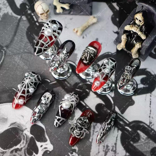 100% Handmade Press on Nails Halloween Fake Nails with Spider Web Skeleton Pumpkin Design Medium Almond Ombre Red Black False Nail Press ons Reusable Handmade Nails for Women Manicure Size L