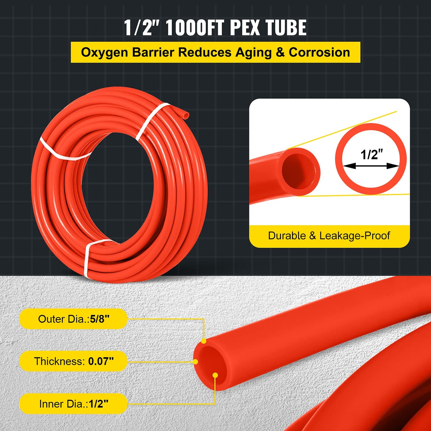 VEVOR PEX-B Pipe 1/2 Inch x 1000 Feet,Oxygen Barrier Flexible Pipe Tubing,Red for Hydronic Radiant EVOH Floor Heating, Water Plumbing Applications with Cutter& Clamps