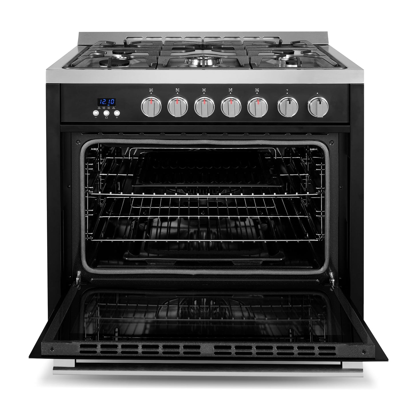 COSMO COS-965AGFC-BKS 36 in. Nebula Collection 3.8 cu. ft. Gas Range, 5 Burners, Rapid Convection Oven, Cast Iron Grates in Matte Black