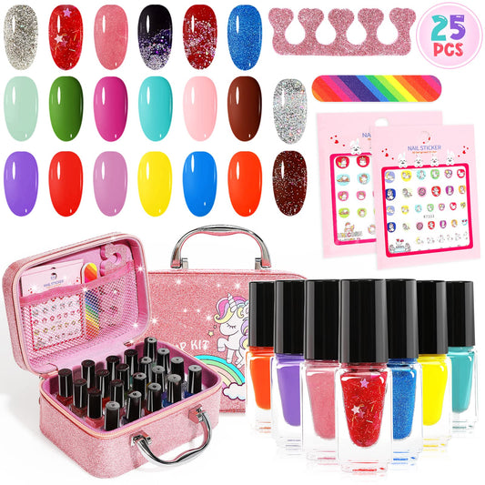 Oisacirg Kids Nail Polish Set for Girls, 25pcs Non-Toxic Peel-Off Water-Based Nail Polish, Glittery and Opaque Christmas Birthday Gifts Toddlers Kids Girls Toys