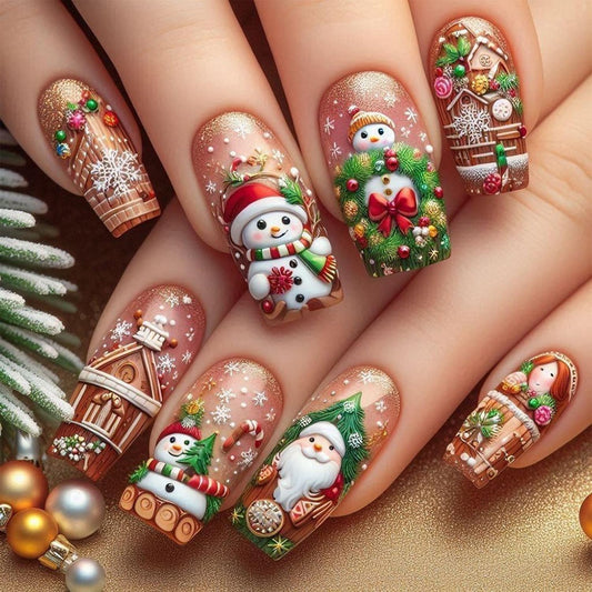 Christmas Press on Nails Christmas Theme Medium Glossy Acrylic Square Shaped Winter False Nails with Snowflake Designs Artificial Xmas Relief Snowman Fake Nails for Women Manicure Decoration 24 Pcs