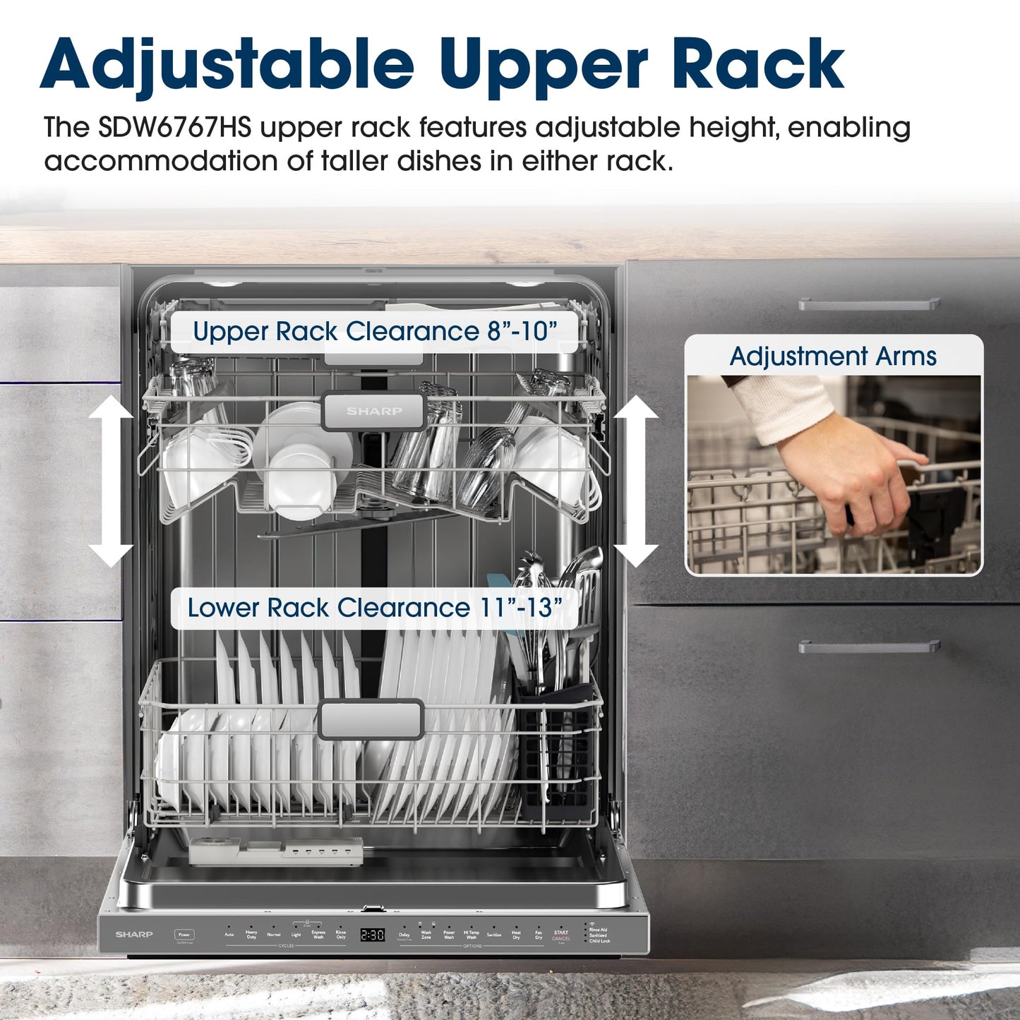 SHARP SDW6767HS Smart Dishwasher Works with Alexa. Includes LED Interior lights, Stainless Steel interior, Heated Dry with Fan Assist, Wash Zone cleans half load on either rack, Adjustable Third Rack