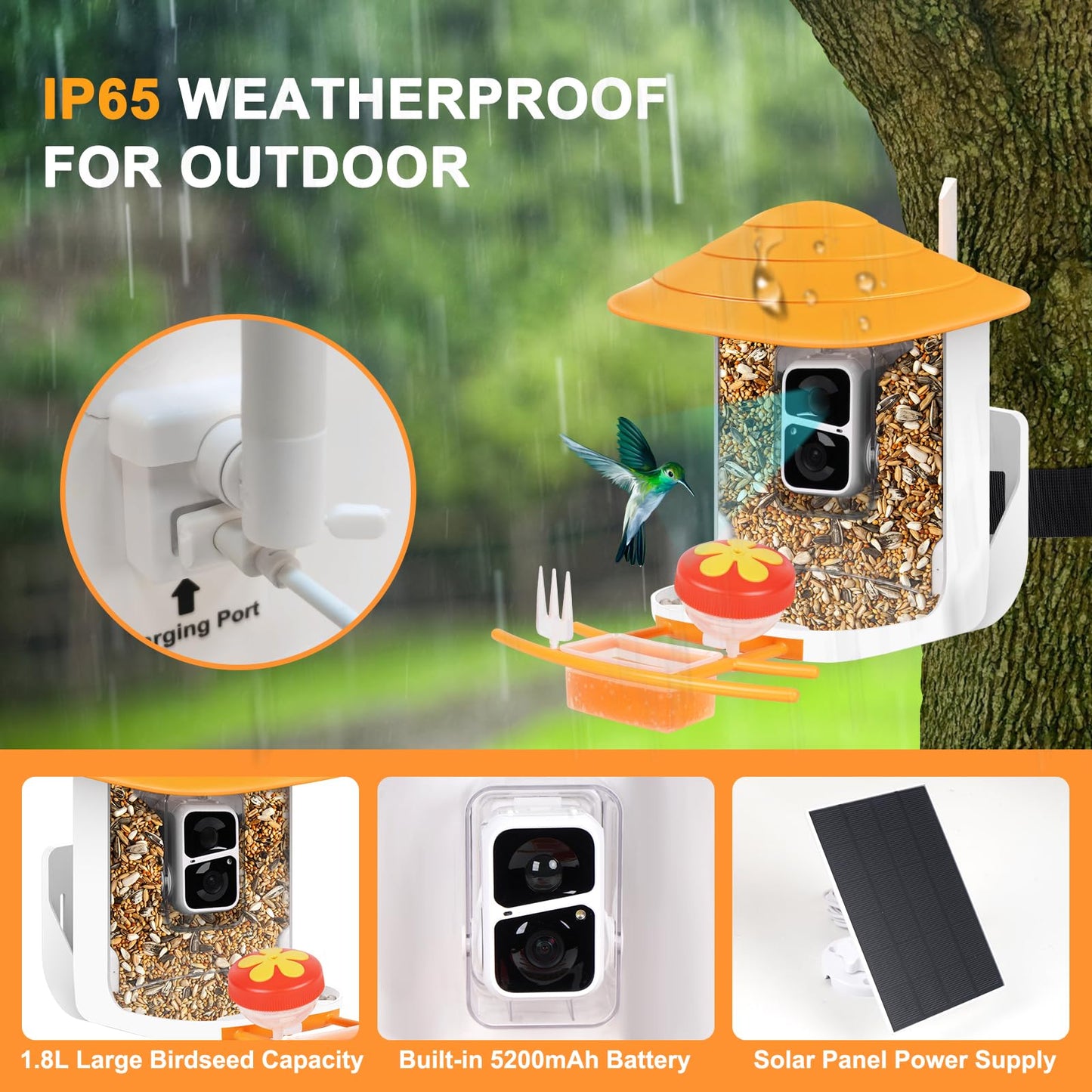 LyteSolar Bird Feeder with Camera,1080P HD,160° Wide Angle,AI Recognition, 1.8L Capacity 32G SD Card, Solar Powered, 50Pcs DIY Bird Stickers for Outdoor Garden
