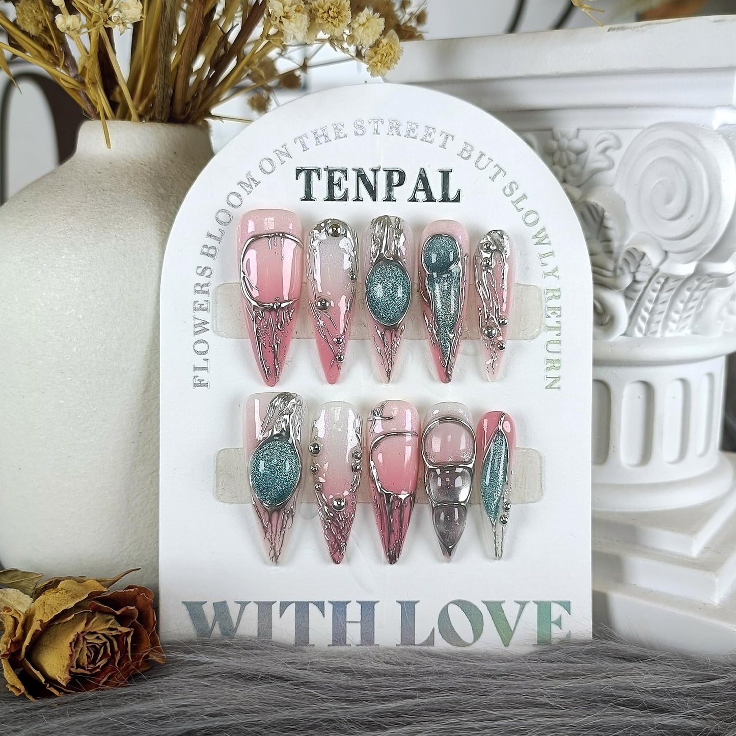 TENPAL Long Stiletto Press on Nails,Pink-Silver Holographic Gradient Hand-Painted Moons Fake Nails with 10pcs Tools,3D Cat Eye Glitter False Nails,Edgy Meteors Design Sweet-Edge Metal Nails(L)