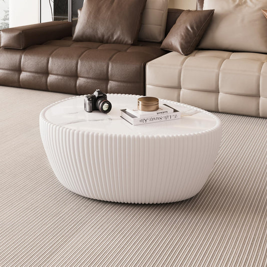 KEIKI 32.1" Goose Eggs Shape Coffee Table, Modern Sofa Side Table with Marble Top & Leather Wrap, Small End Table for Living Room, Bedroom, Office, White