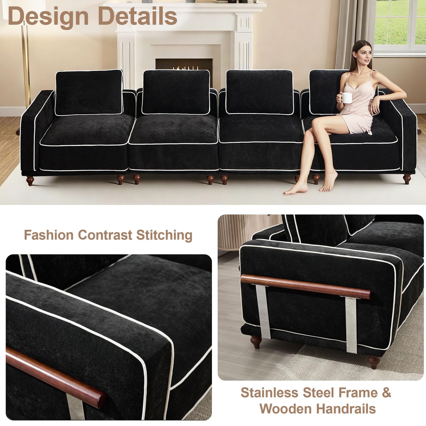 146" Cloud Modular Sectional Sofa,Oversized Deep 4 Seater Couch with Armrests Wooden Legs,Comfy Thicked Cushion Upholstered Sofa for Living Room Bedroom,Black