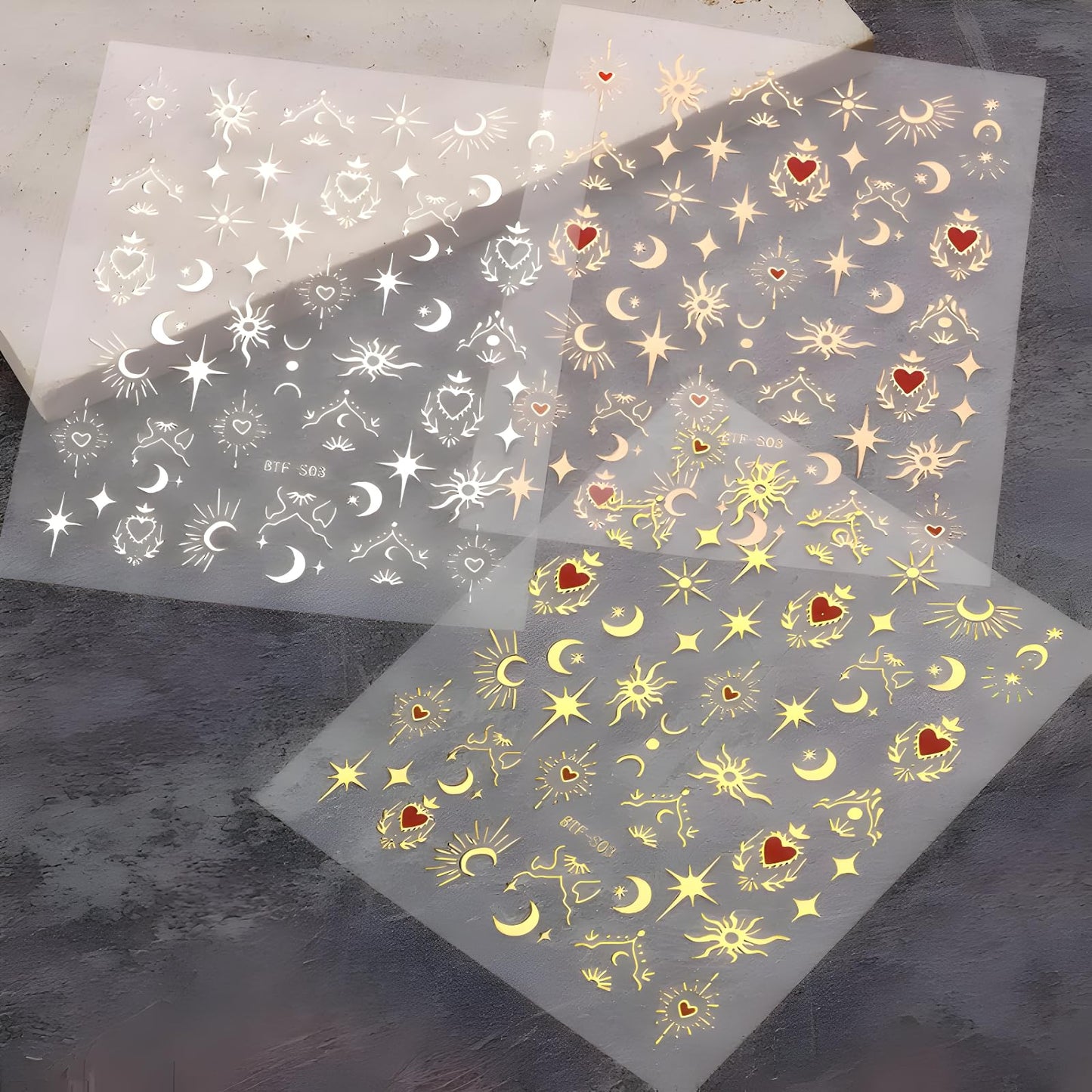 Star Nail Art Stickers - 12 Sheets, 3D Self-Adhesive Gold Moon, Red Heart, Silver Star Designs for Nail Art Decoration
