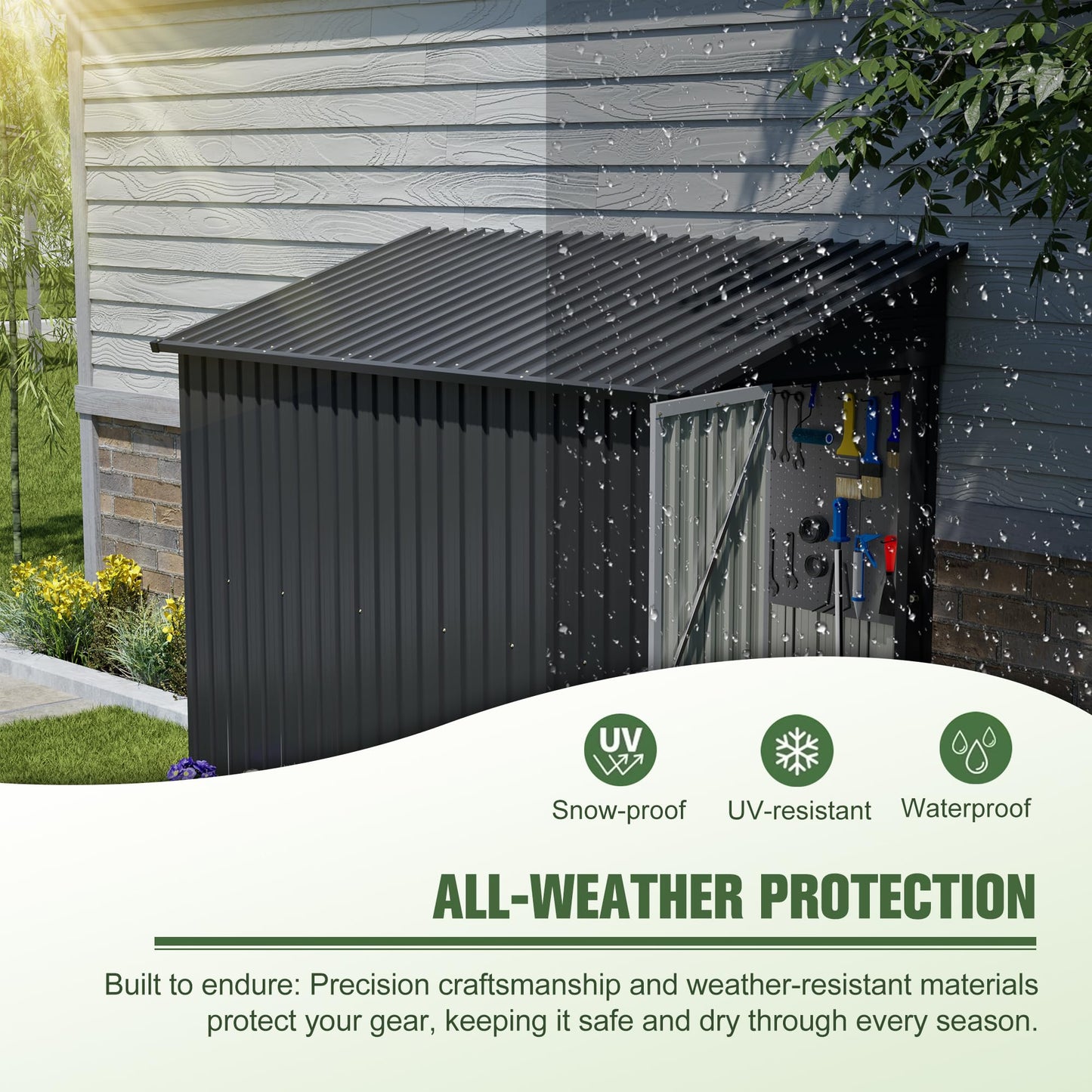 YOPTO 4x8 FT Lean to Outdoor Storage Shed,Metal Shed W/Floor Frame & Reversible Installation,All Weather Waterproof Garden Tool House W/Lockable Door & 2 Air Vents,for Backyard,Patio,Lawn,Black
