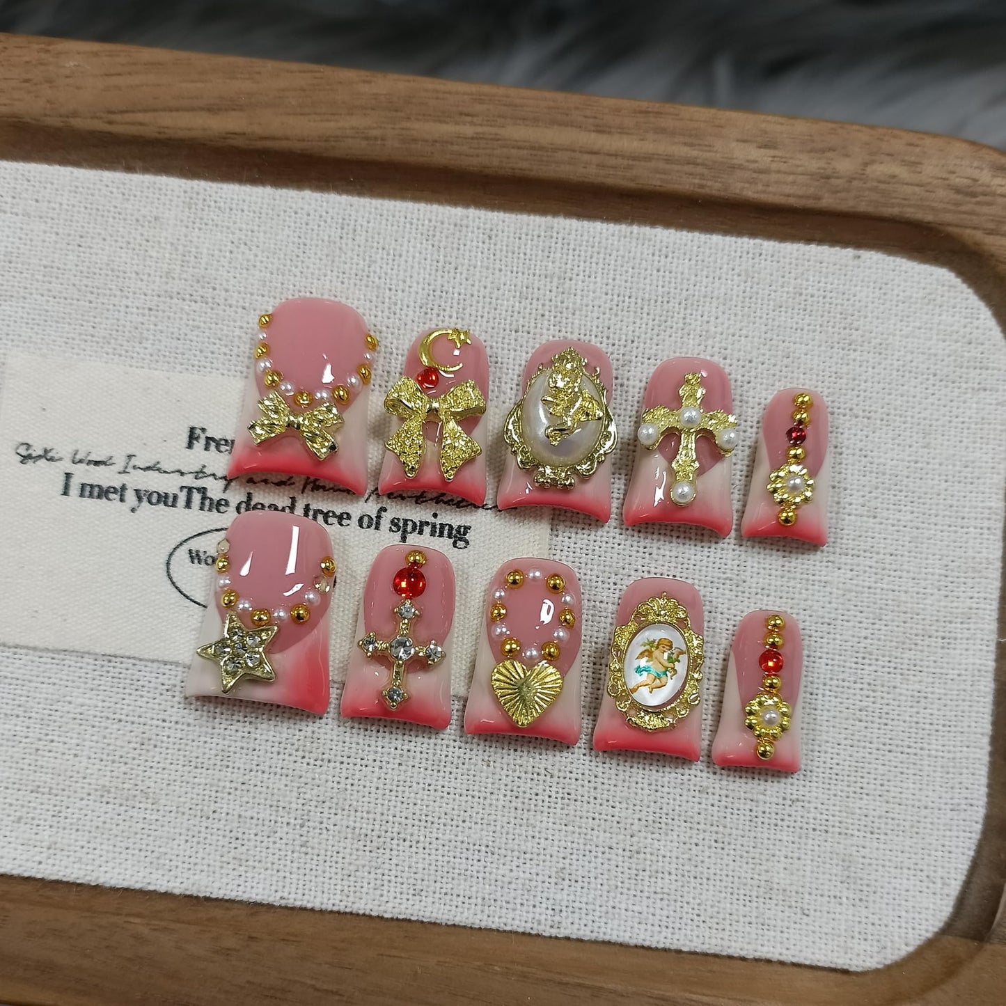 TENPAL Short Duckbill Press on Nails - Nude Pink French with 3D Angel Cross & Pearl Charms | Icy Glossy Fake Nails with Tools | Sweet Glam Style for Women Girls(S)