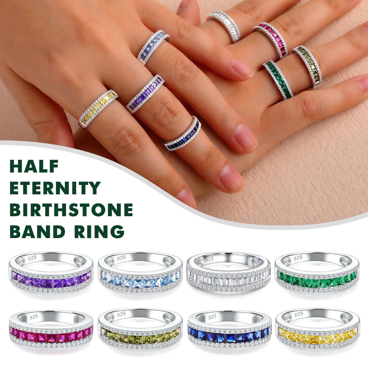 RANDES 925 Sterling Silver Amethyst Ring Half Eternity Band Rings for Women Channel Set February Birthstone Purple Ring Size 9