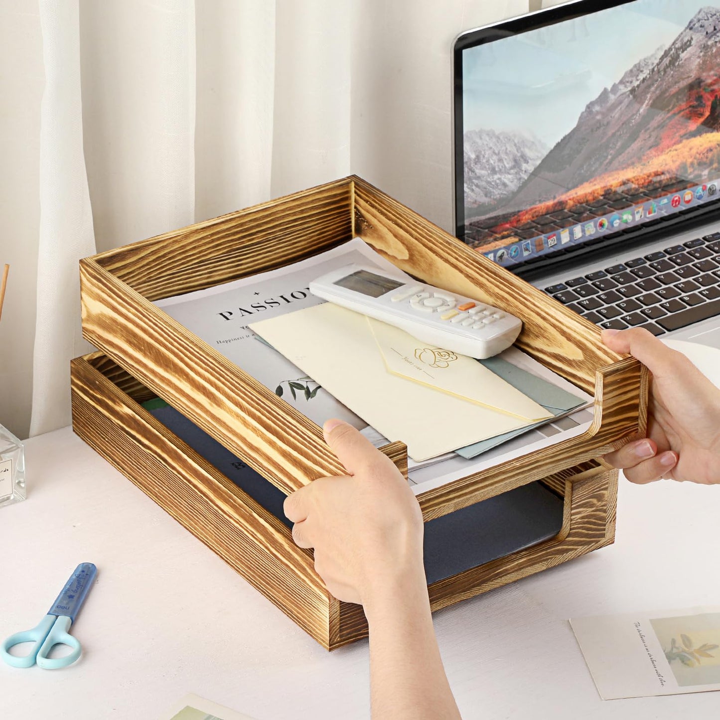 BTSKY Wood Letter Tray Front-Load Document Organizer for Office Desktop Organizer - Desk Magazine, File Folder, Paper Holder - Stackable Paper Document File Tray, 2 Pack