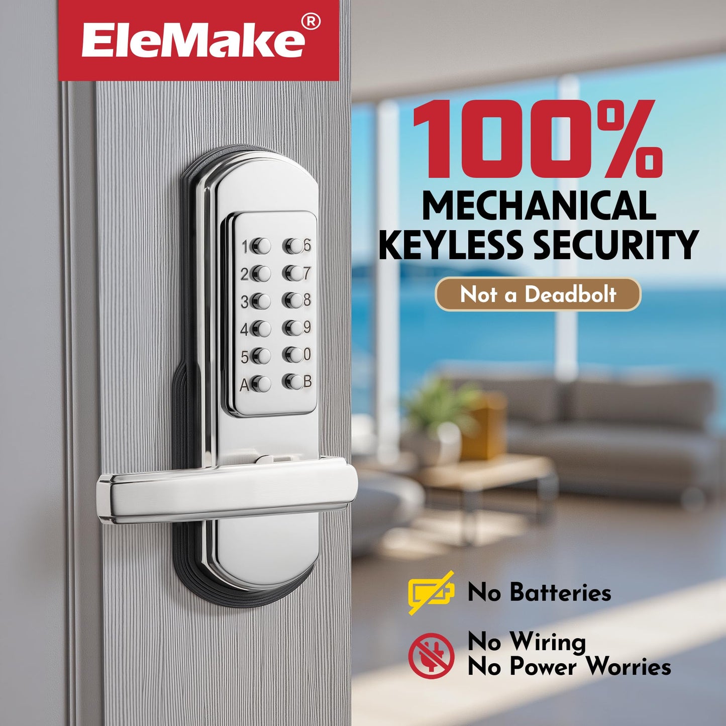 Elemake Left Handed Keyless Door Lock, Mechanical Keypad Door Lock with Handle, Heavy Duty Door Lever Lock Combination Security Digital Code, Stainless Steel 304 (Not Deadbolt)