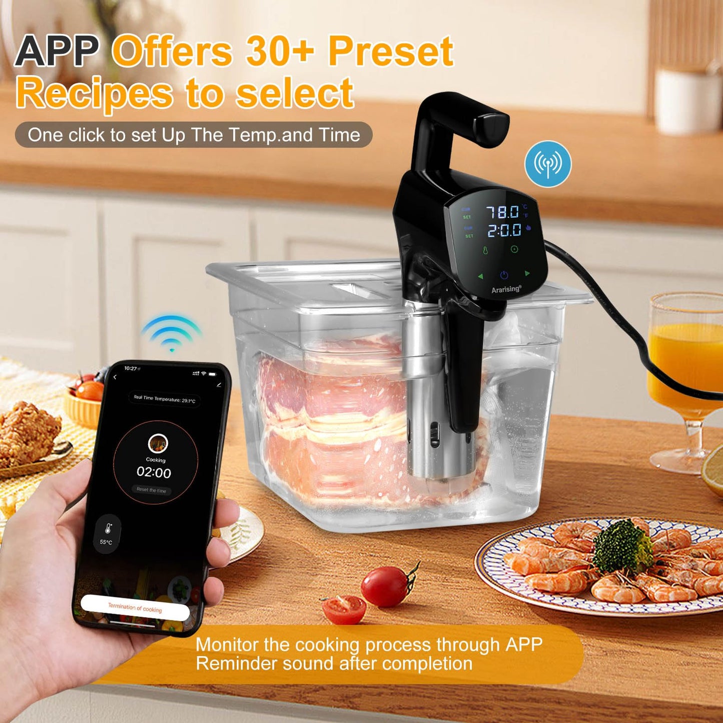 Sous Vide Cooker 2.4G WIFI, Sous Vide Machine with 30 Preset Recipes on APP & Calibration Function, 1300W Ultra-Quiet Immersion Circulator, Accurate Temperature and Time, Fast-Heating with Timer