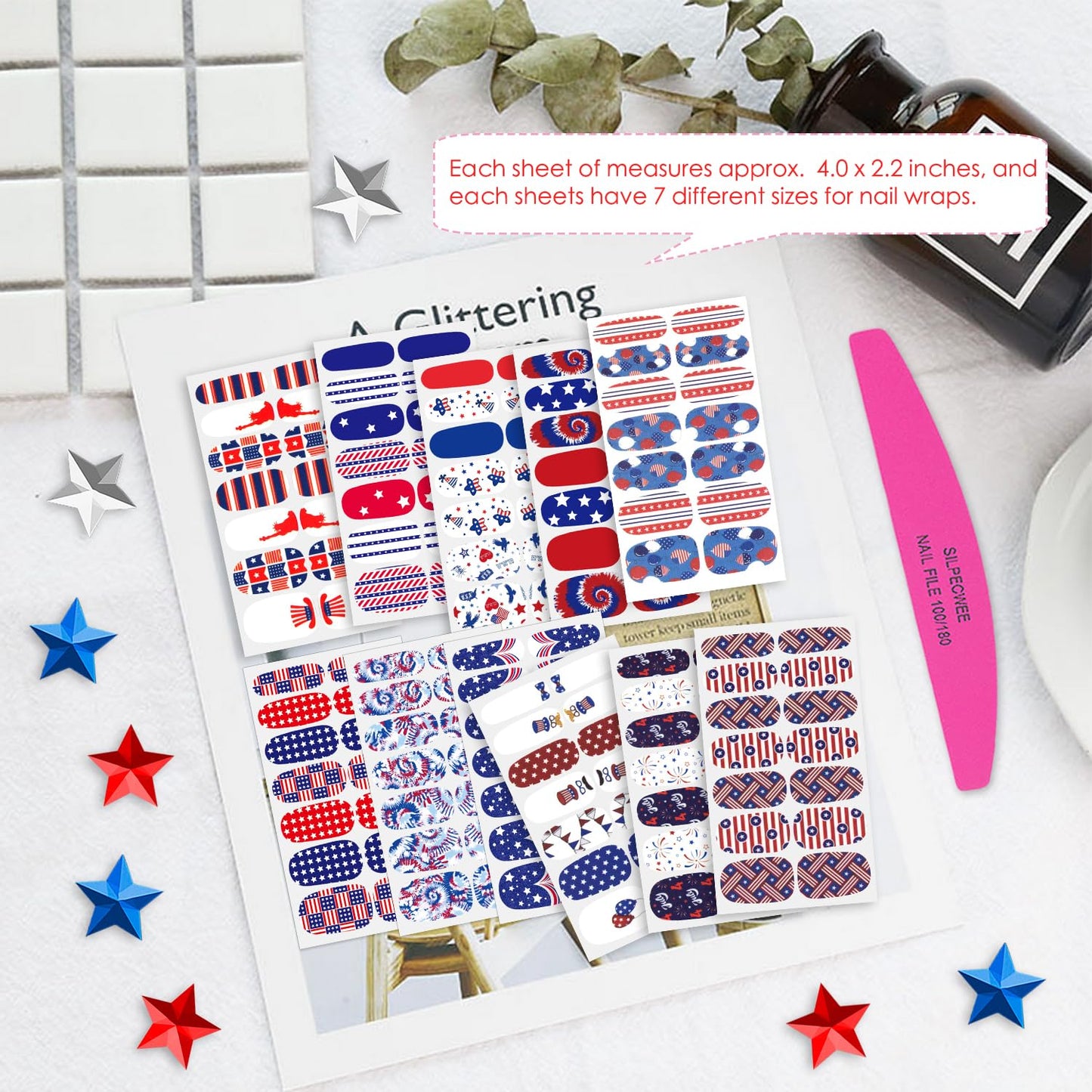 SILPECWEE 20 Sheets 4th of July Nail Polish Strips Independence Day Nail Wraps for Women Patriotic American Nail Polish Stickers Self Adhesive Fingernail Manicure Design with Nail File