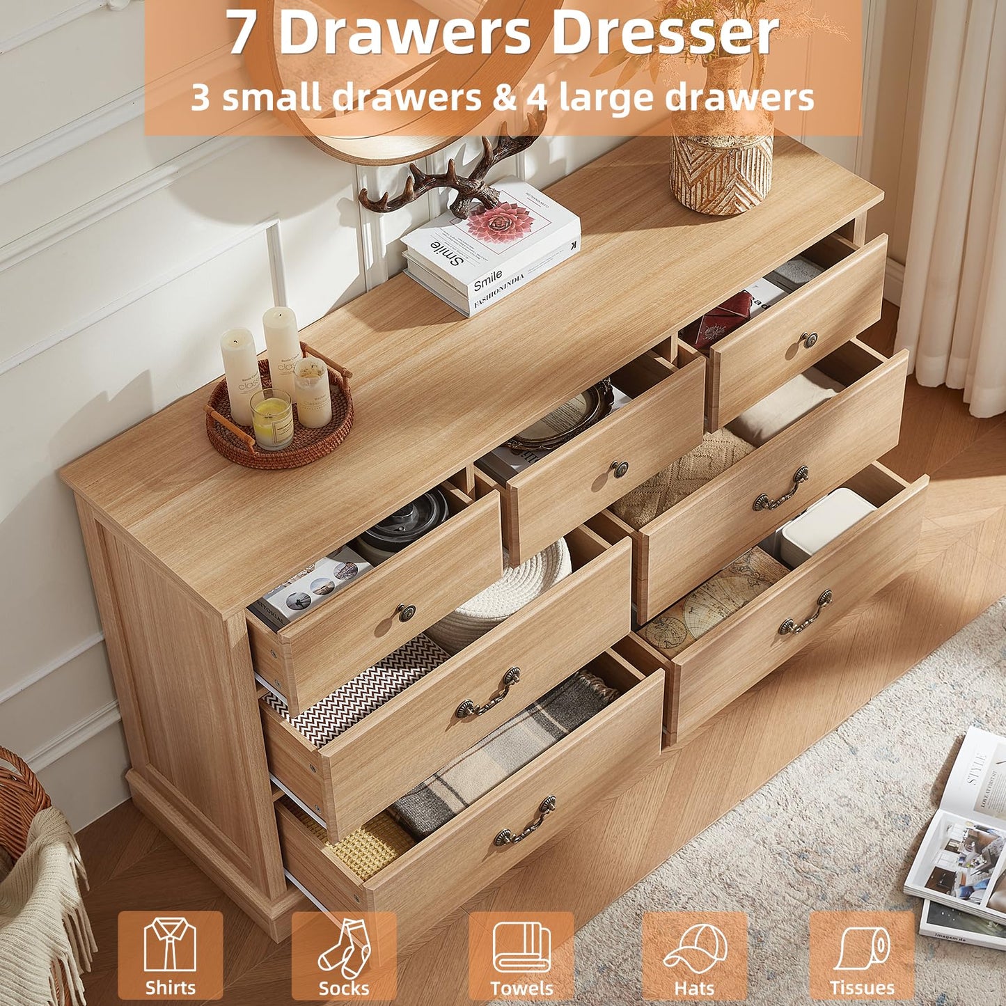 Senfarime Farmhouse 7 Drawer Dresser for Bedroom,57" Wide Wood Rustic Chest of Drawers,Farmhouse Chest of Drawers for Bedroom,Wood Drawer Organizer for Bedroom,Hallway,Natural