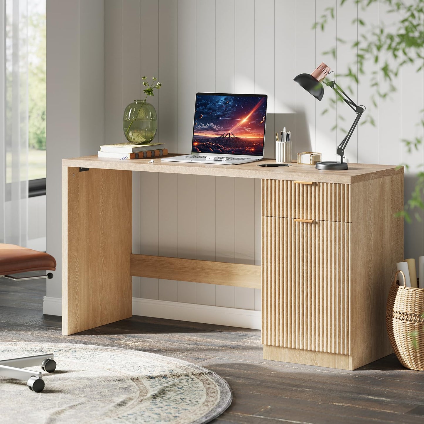 GarveeHome 60" Executive Desk with Storage, Modern Home Office Desk with Drawer & Cabinet, Wood Fluted Computer Desks Workstation Writing Conference Table for Study, Living Room, Bedroom, Natural Oak